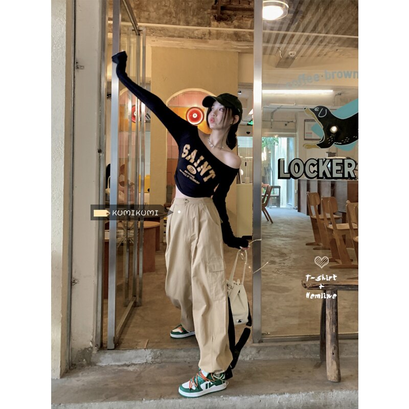Kumikumi-알파벳 프린트 오프 숄더 긴팔 티셔츠 여성용, 써머 스파이스 걸스 오버올 긴 바지 세트